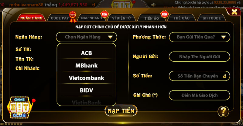 Hình 1: 7 hình thức nạp tiền game Hit Club